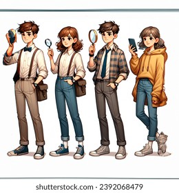 art, set of four highly detailed illustrations of a teenage detective boy and girl, modern times, holding a smartphone amd a magnifying glass in his hands, casual clothes, brown hair, likeable, cool and smart and curious looking, in motion, all four in