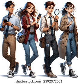 art, set of four highly detailed illustrations of a teenage detective boy and girl, modern times, holding a smartphone amd a magnifying glass in his hands, casual clothes, brown hair, likeable, cool and smart and curious looking, in motion, all four in