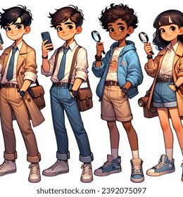 art, set of four highly detailed illustrations of a teenage detective boy and girl, modern times, holding a smartphone amd a magnifying glass in his hands, casual clothes, brown hair, likeable, cool and smart and curious looking, in motion, all four in