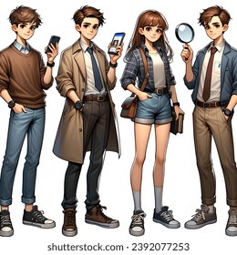 art, set of four highly detailed illustrations of a teenage detective boy and girl, modern times, holding a smartphone amd a magnifying glass in his hands, casual clothes, brown hair, likeable, cool and smart and curious looking, in motion, all four in
