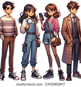 art, set of four highly detailed illustrations of a teenage detective boy and girl, modern times, holding a smartphone amd a magnifying glass in his hands, casual clothes, brown hair, likeable, cool and smart and curious looking, in motion, all four in