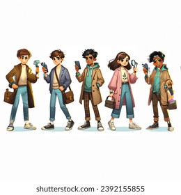 art, set of four highly detailed illustrations of a teenage detective boy and girl, modern times, holding a smartphone amd a magnifying glass in his hands, casual clothes, brown hair, likeable, cool and smart and curious looking, in motion, all four in