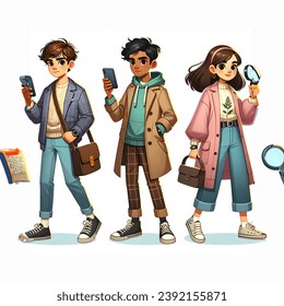 art, set of four highly detailed illustrations of a teenage detective boy and girl, modern times, holding a smartphone amd a magnifying glass in his hands, casual clothes, brown hair, likeable, cool and smart and curious looking, in motion, all four in