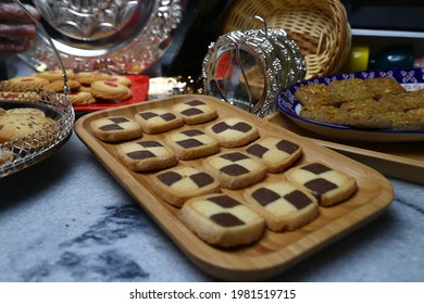 Art Shot Of Delicious Chocolate Check Butter Biscuits With Beautiful Cutlery And Decoration