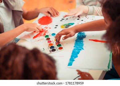 Art Skills. Kids Draawing With Fingers During The Art Class