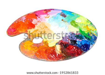 Art studio class painting palette on white background isolated cutout close up