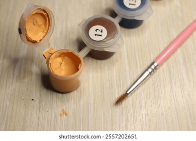 Art Supplies Acrylic Paints and Brush Set Ready for Use on the Creative Workspace - Powered by Shutterstock