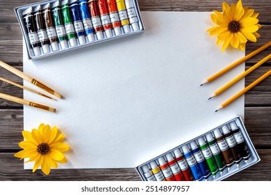 Art Supplies Arranged on a Wooden Table with Flowers. An overhead view of art supplies including watercolor tubes, paintbrushes, and pencils arranged on a wooden table. Top view. Copy space. - Powered by Shutterstock