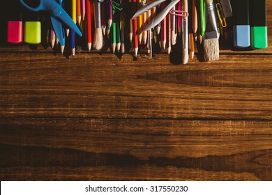 Art Supplies On Desk With Copy Space Shot In Studio