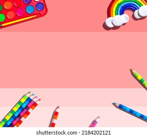 Art Supplies With A Rainbow - Overhead View - Flat Lay