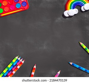 Art Supplies With A Rainbow - Overhead View - Flat Lay