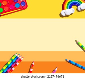 Art Supplies With A Rainbow - Overhead View - Flat Lay