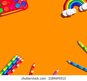 Art Supplies With A Rainbow - Overhead View - Flat Lay