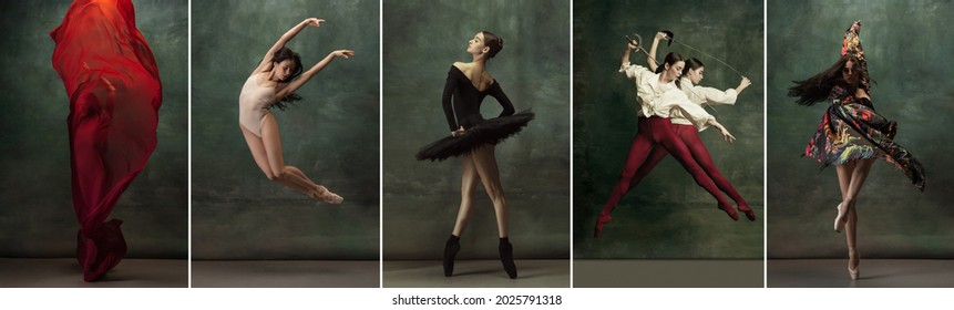 In Art, Theater Performance, Show. Collage Of Portraits Of Female Ballet Dancers Dancing On Green Studio Background. Models In Stage Images. Concept Of Beauty, Aspiration, Creativity. Flyer