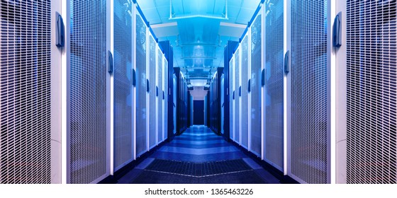 Art visualization corridor of data warehouse in warning red toning. Design web hosting technology big data center background. Futuristic graphic computer service element.