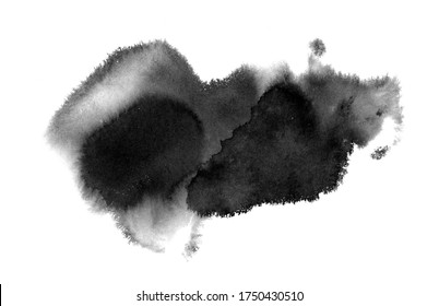 Art of Watercolor. Black spot on watercolor paper. Abstract gray spot on white background. Ink drop. Gray color.