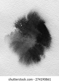 Art Of Watercolor. Black Spot On Watercolor Paper. Abstract Gray Spot On White Background. Ink Drop. Gray Color. Abstract Background And Illustration Texture For Design And Formalization.