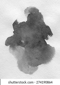 Art Of Watercolor. Black Spot On Watercolor Paper. Abstract Gray Spot On White Background. Ink Drop. Gray Color. Abstract Background And Illustration Texture For Design And Formalization.