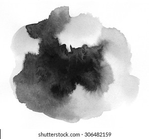 Art of Watercolor. Black spot on watercolor paper. Abstract gray spot on white background. Ink drop. Gray color. Abstract background and illustration texture for design and formalization.