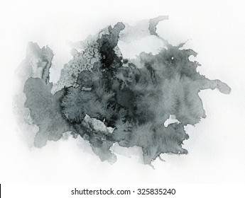 Art Of Watercolor. Black Spot On Watercolor Paper. Abstract Gray Spot On White Background. Ink Drop. Gray Color. Abstract Background And Illustration Texture For Design And Formalization.