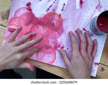 Art Workshop With Dirty Hands Of People Painting With Colorful Paint And Materials_art Therapy Concept