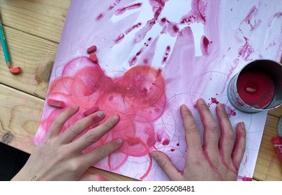 Art Workshop With Dirty Hands Of People Painting With Colorful Paint And Materials_art Therapy Concept