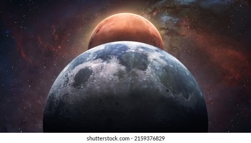 Artemis Moon To Mars Space Program. Red Planet And Moon In Space. Elements Of This Image Furnished By NASA