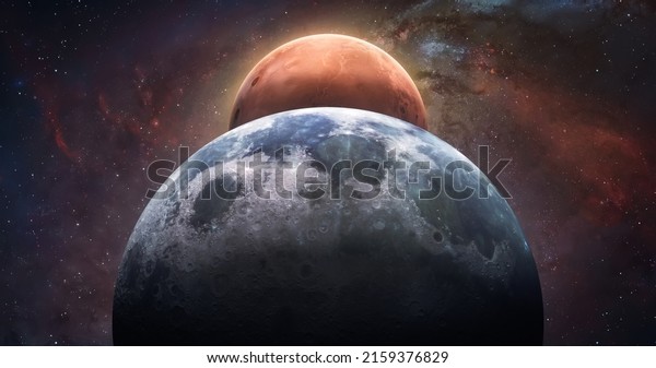 Artemis Moon to Mars\
space program. Red planet and Moon in space. Elements of this image\
furnished by NASA