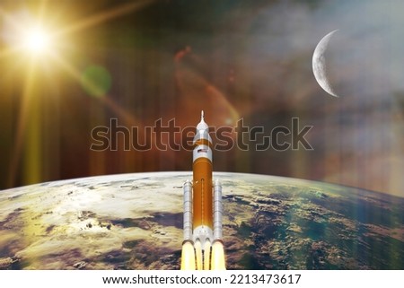 Artemis space program to research solar system. Orion spacecraft on low-orbit of Earth. Elements of this image furnished by NASA.