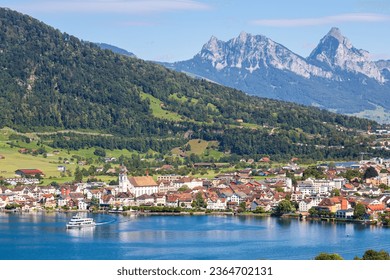 Arth at lake Zug in the Swiss Alps mountains with Kleiner and Grosser Mythen mountain peaks vacation in Switzerland