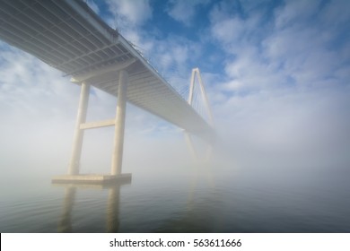 The Arthur Ravenel Bridge in fog, in Charleston, South Carolina.