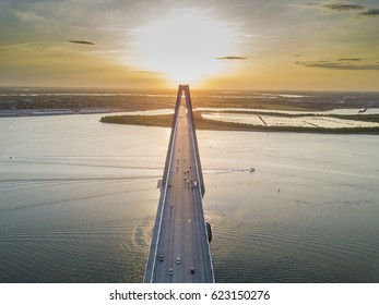 The Arthur Ravenel Jr. Bridge over the Cooper River in South Carolina, USA at dusk.