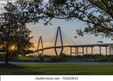 The Arthur Ravenel Jr. Bridge over the Cooper River in South Carolina, USA at dusk.