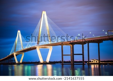 Arthur Ravenel Jr Bridge seen at night with lights, Charleston South Carolina