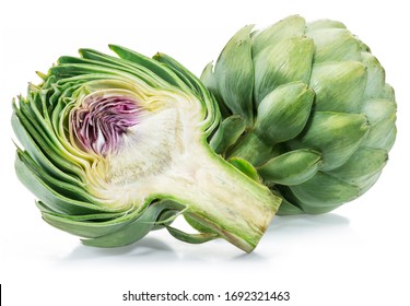 Artichoke flower edible bud and its cross cut isolated on white background.