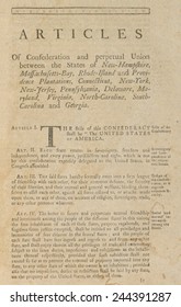 The Articles Of Confederation. First Page Of A 1777 Printed Version Of The Nation's First Constitution. It Structured A Confederation Of 13 Sovereign States Bound Loosely In A 'league Of Friendship.'