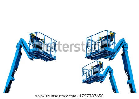 Articulated boom lift. Aerial platform lift. Telescopic boom lift isolated on white. Mobile construction crane for rent and sale. Maintenance and repair hydraulic boom lift service. Crane dealership. 