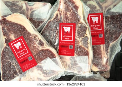 Artificial Beef Lab Grown Meat In Retail Supermarket Emerging Field Of Food Production With Label. Future Trend Of Biotechnology ,  Artificial Food 4.0 Concept.