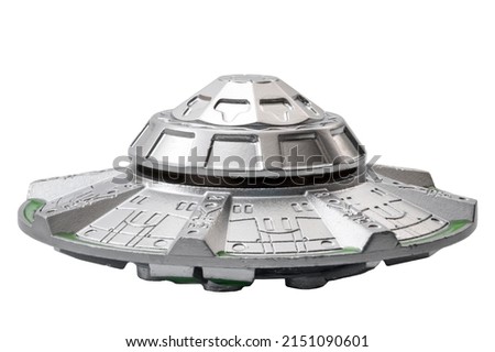 Artificial celestial objects, alien UFO and science fiction spacecraft concept with silver metal spaceship isolated on white background with clipping path cutout