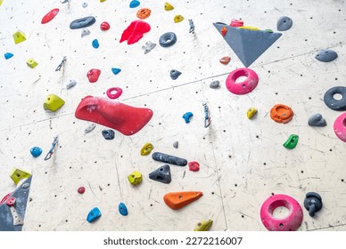 artificial climbing wall with grips and carabiners in the interior