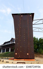 Artificial Climbing Wall Outdoors. Rock Wall For Practicing And Training. No People, Nobody.