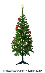 Artificial Fake Christmas Tree Decorated With Colorful Christmas Ornaments Isolated On White Background