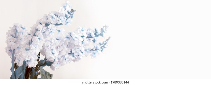 Artificial Flower Delphinium Bouquet On Light Horizontal Long Background.