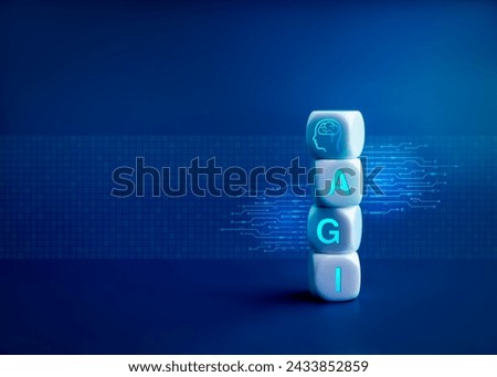 Artificial general intelligence (AGI), AI knowledge learning technology concept. Human brain icon with acronym text "AGI" on white block stack with circuit symbol and network space on blue background.