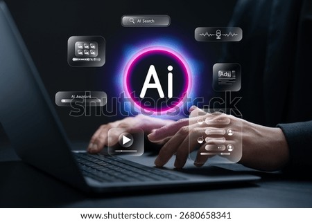 Artificial General Intelligence, AI assistant interface concept, businessman typing on laptop with futuristic dashboard, chatbot system, voice commands, content creation, ad management and AI tools.