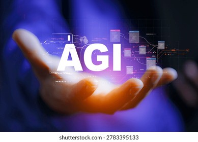 Artificial general intelligence concept showing AGI interface, advanced AI technology, machine learning, data processing and automation icons.