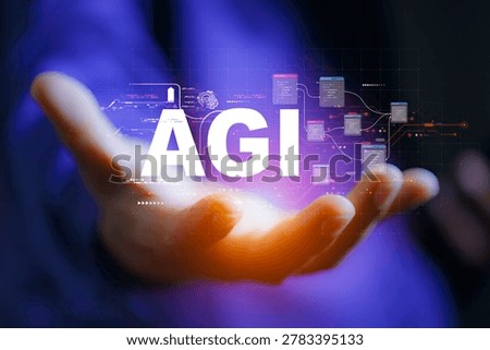 Artificial general intelligence concept showing AGI interface, advanced AI technology, machine learning, data processing and automation icons.