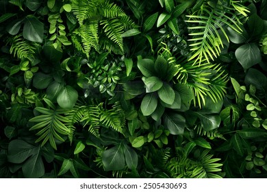Artificial Green Plant Wall Exhibit, a variety of artificial green plants arranged in a dense, lush wall display
