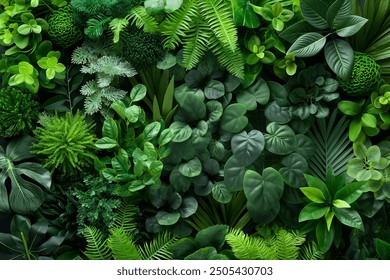 Artificial Green Plant Wall Exhibit, a variety of artificial green plants arranged in a dense, lush wall display
