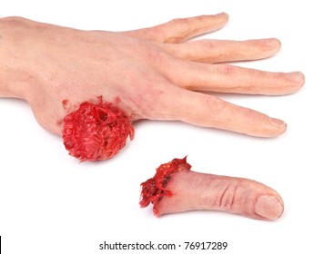 artificial human hand with cut out finger on white background